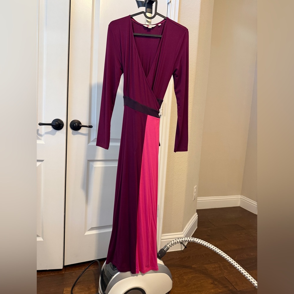 Boden Long Sleeve Color Block Wrapped Dress in Purple and Pink - Picture 8 of 9